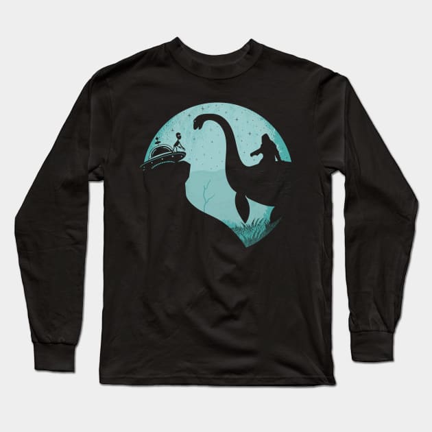 Bigfoot Riding Lochn Ness Monster, Sasquatch Ufo Nessie Alien Long Sleeve T-Shirt by Tesszero